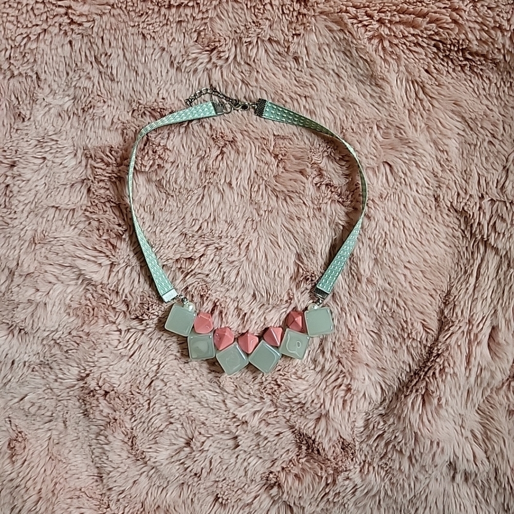 Beads & Ribbon Statement Necklace Light Pastel Green & Pink Spring Summer